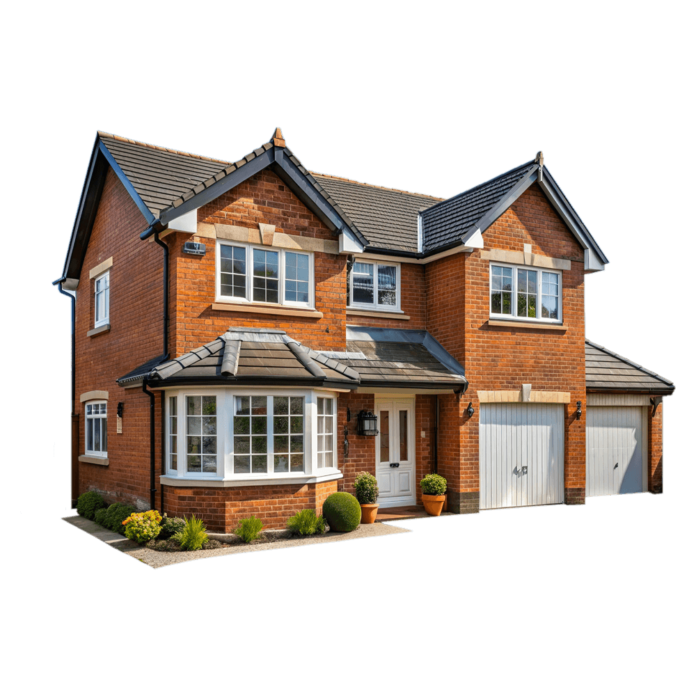 Cutout image of modern semi-detached house with double garage.