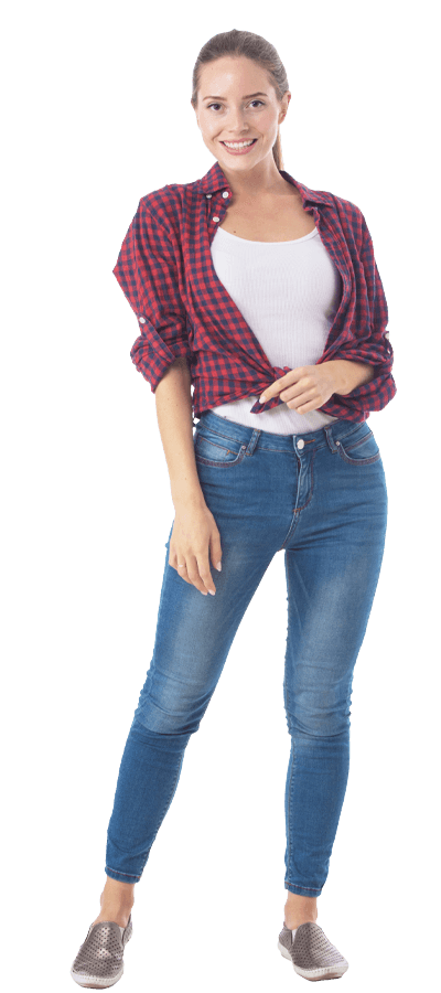Cutout image of young woman in jeans and and a check shirt.