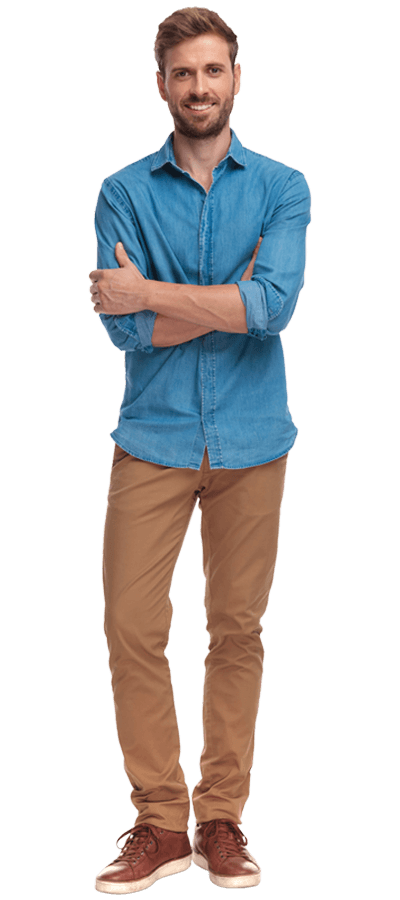 Cutout of male wearing smart trousers and denim shirt.